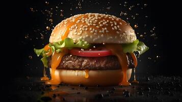 uma Hamburger com queijo, alface e tomate em uma Preto fundo ai generativo foto