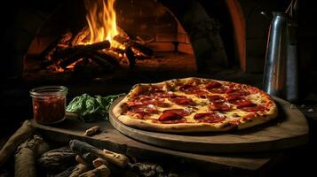 italiano pizza piponi em uma de madeira borda perto a fogão com fogo. ai gerado foto