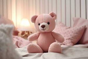 Urso de pelúcia Urso sentado em a cama. ai gerado foto