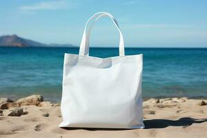 uma branco saco com alças carrinhos em a de praia em a areia. ai gerado foto