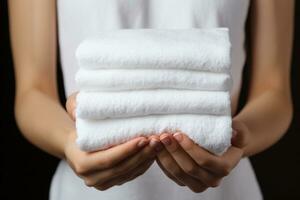 uma mulher detém branco toalhas. gerado de artificial inteligência foto