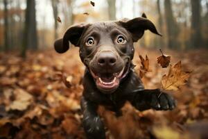 cachorro corre dentro a outono floresta, focinho dentro a Câmera fechar-se. gerado de artificial inteligência foto