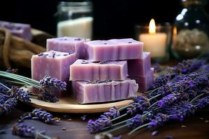 orgânico Sabonete com lavanda feito à mão às lar. ai gerado foto