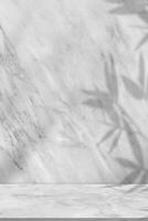 esvaziar estúdio fundo, mármore textura com bambu folhas sombra sobreposição em cinzento parede fundo e lustroso chão, produto exibição natureza granito pódio, pano de fundo com cópia de espaço para apresentação foto