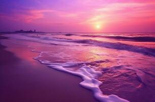 nascer do sol sobre a mar e agradável de praia dentro roxa cor. generativo ai foto