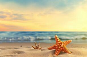 estrelas do mar em branco areia de praia às pôr do sol oceano. foto