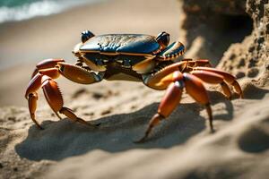 uma caranguejo é em pé dentro frente do uma orifício de a mar gerado por IA foto