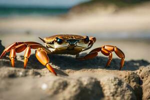 uma caranguejo é em pé dentro frente do uma orifício de a mar gerado por IA foto