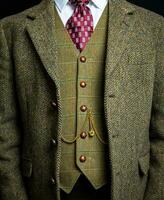 retrato do cavalheiro dentro tweed terno e couro luvas em pé elegantemente. vintage estilo e retro moda do Inglês cavalheiro. foto