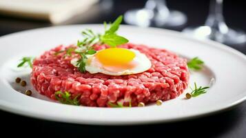 saboroso bife tartare cru carne - clássico bife tartare em branco prato impressionante fundo. foto