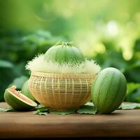 verde coroa almíscar Melão em borrado vegetação fundo, Cantalupo coroa Melão fruta dentro bambu esteira em de madeira mesa dentro jardim generativo ai foto