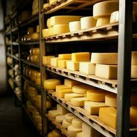 armazenamento do queijo do diferente variedades em de madeira prateleiras dentro a frigorífico. queijo em a prateleiras do a armazenamento câmara. foto