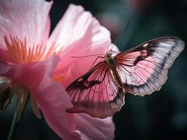 delicado Rosa flor com traça empoleirado em pétala dentro suave natural luz - macro fotografia - ai gerado foto