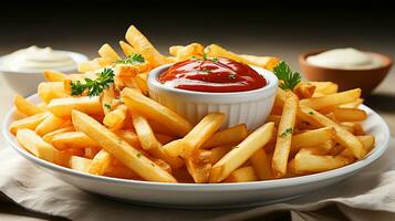 delicioso francês fritas em uma branco fundo foto