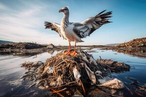 gaivota em poluído rio Lixo com oceano fundo - de Meio Ambiente preocupação animais selvagens cena - ai gerado foto