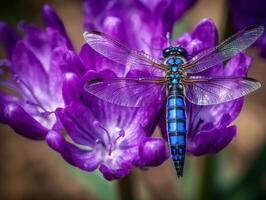 libélula em roxa flor macro tiro com suave fundo - ai gerado foto