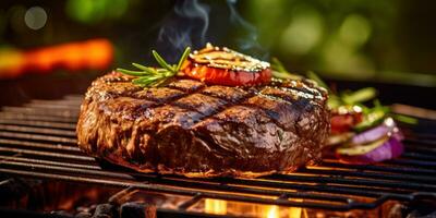 uma bife é ser cozinhou em uma grade dentro frente do chamas ai gerado foto