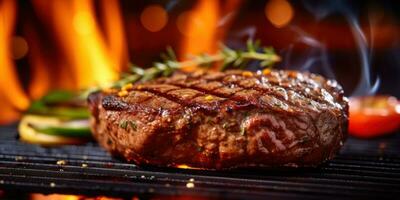 uma bife é ser cozinhou em uma grade dentro frente do chamas ai gerado foto