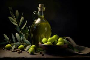 Oliva óleo e verde azeitonas em uma de madeira mesa ai gerado foto