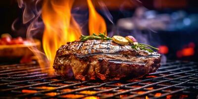 uma bife é ser cozinhou em uma grade dentro frente do chamas ai gerado foto