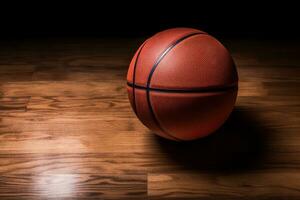 uma basquetebol bola é sentado em uma de madeira chão ai generativo foto