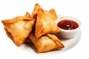 samosa e pakora em uma prato com mergulho molho isolado em branco fundo ai gerado foto