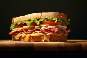 uma presunto e queijo sanduíche em uma de madeira mesa ai gerado foto