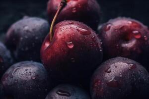 uma grupo do ameixas com água gotas em eles ai generativo foto