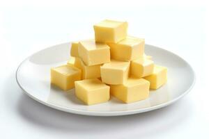 manteiga cubos em uma branco prato ai gerado foto
