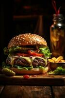 Hamburger em uma de madeira corte borda ai generativo foto