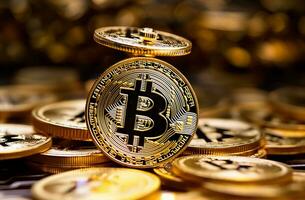 criptomoeda bitcoin - detalhe do fisica ouro moedas e futuro digital moeda. generativo ai, foto