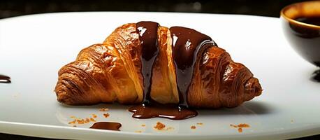 delicioso café da manhã - chocolate croissant com realista detalhes. generativo ai, culinária fotografia este captura a detalhe e realista textura do croissants, com escorrendo derretido chocolate. foto