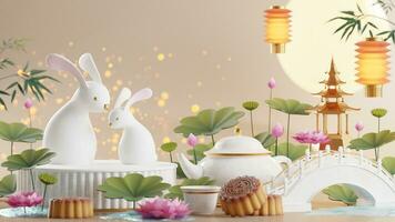 3d Renderização para meio outono festival feriado ou chinês Novo ano, chinês festivais com lanternas, flor, lua, Coelho ,bolo da lua,chá Panela e ásia elementos em fundo. foto