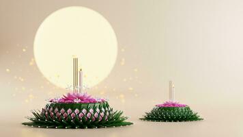 3d Renderização ilustração loy Krathong festival e sim peng festival dentro Tailândia Krathong a partir de banana folhas, flores, velas e incenso Gravetos, lua cheia, rio, e noite fundo cor. foto