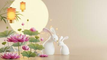 3d Renderização para meio outono festival feriado ou chinês Novo ano, chinês festivais com lanternas, flor, lua, Coelho ,bolo da lua,chá Panela e ásia elementos em fundo. foto