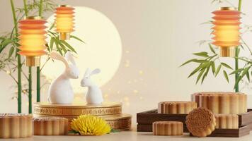 3d Renderização para meio outono festival feriado ou chinês Novo ano, chinês festivais com lanternas, flor, lua, Coelho ,bolo da lua,chá Panela e ásia elementos em fundo. foto