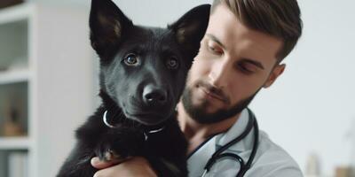 veterinario segurando uma Preto cachorro dentro dele braços examinando. criada com generativo ai tecnologia foto