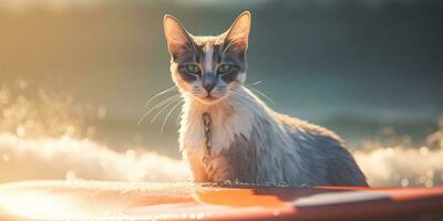 gato desfrutando uma dia do surfar em prancha de surfe. criada com generativo ai tecnologia foto