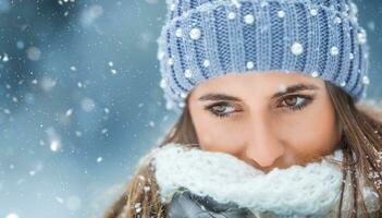 retrato do jovem lindo mulher dentro inverno roupas e Forte nevando. foto