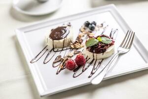 doce sobremesa Panna cotta a partir de Itália servido em uma decorado prato com fruta e chocolate foto