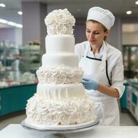 pasteleiro coze uma ampla branco de três camadas Casamento bolo foto