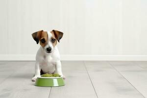 cachorro dentro uma branco suéter come Comida a partir de uma verde tigela em uma cinzento chão foto