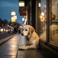 a cachorro é esperando para dele proprietário perto a loja foto