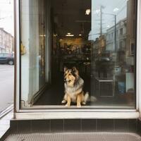 a cachorro é esperando para dele proprietário perto a loja foto