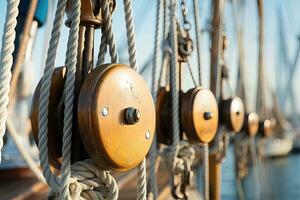 polias e cordas do uma Navegando navio foto
