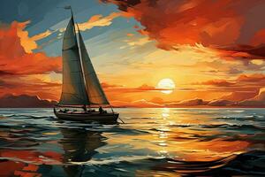 Navegando barco em a mar às pôr do sol foto