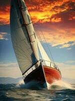 Navegando iate dentro a mar às pôr do sol foto