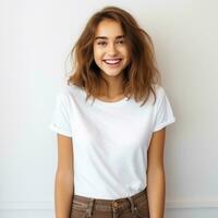 jovem mulher dentro branco camiseta. isolado foto