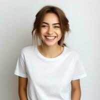 jovem mulher dentro branco camiseta. isolado foto