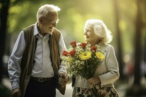 feliz Senior casal dentro uma parque - ai generativo foto